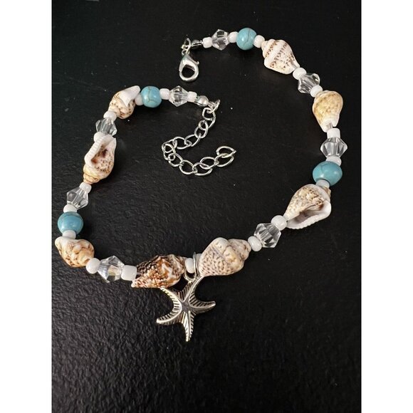 Beachy Silver & Turquoise Shell Anklet Size 9.5 to 11 - Picture 2 of 3